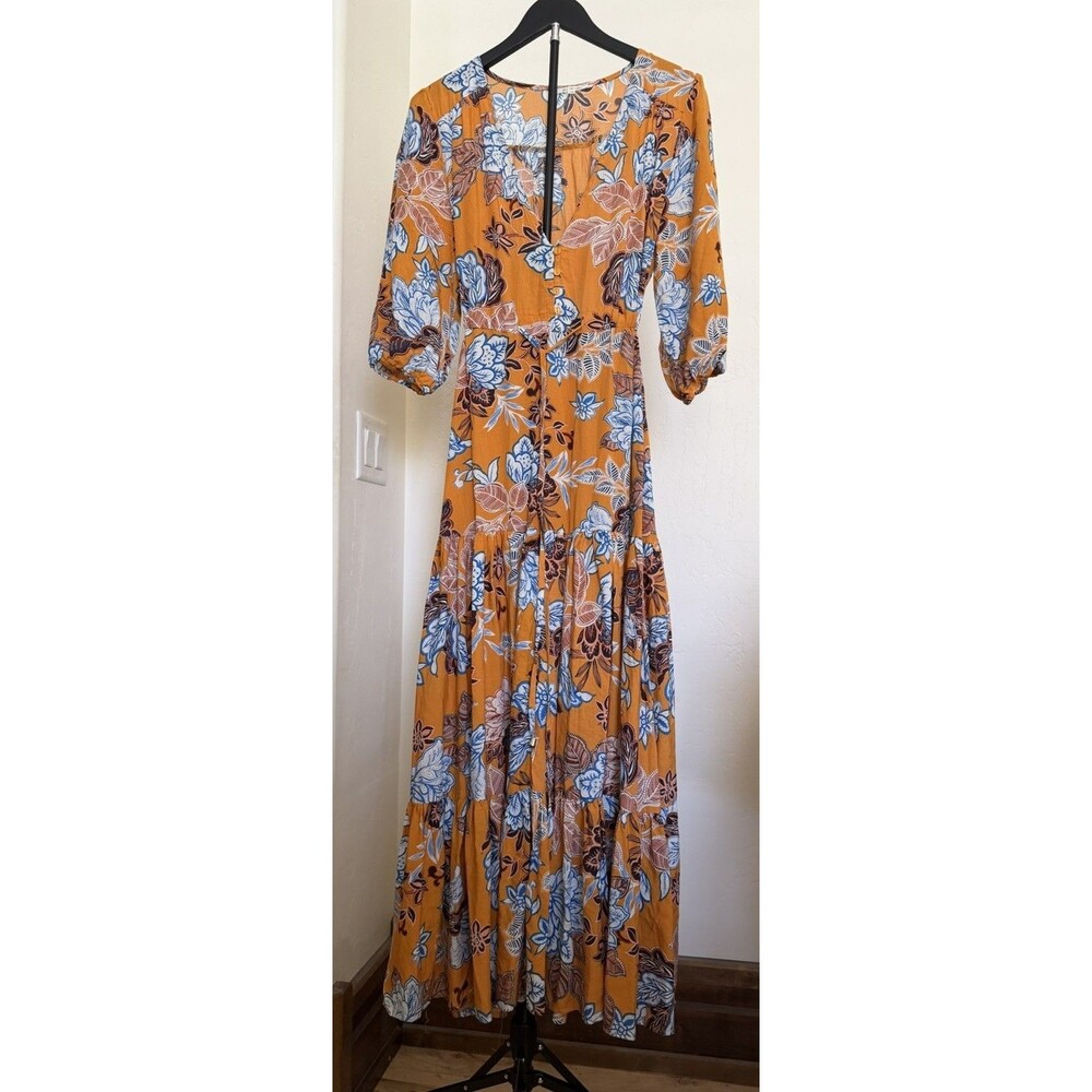Anthropologie Abel The Label Floral V-Neck Tiered Maxi Dress XS Boho Cottagecore